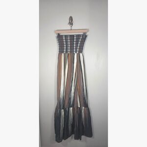 Smocked Cotton Silk Maxi Dress Strapless Boho Earth Tone Striped Women S